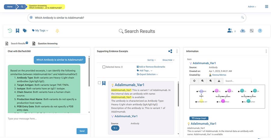 Search results screen with the agent answer, supporting evidence documents and knowledge graph view