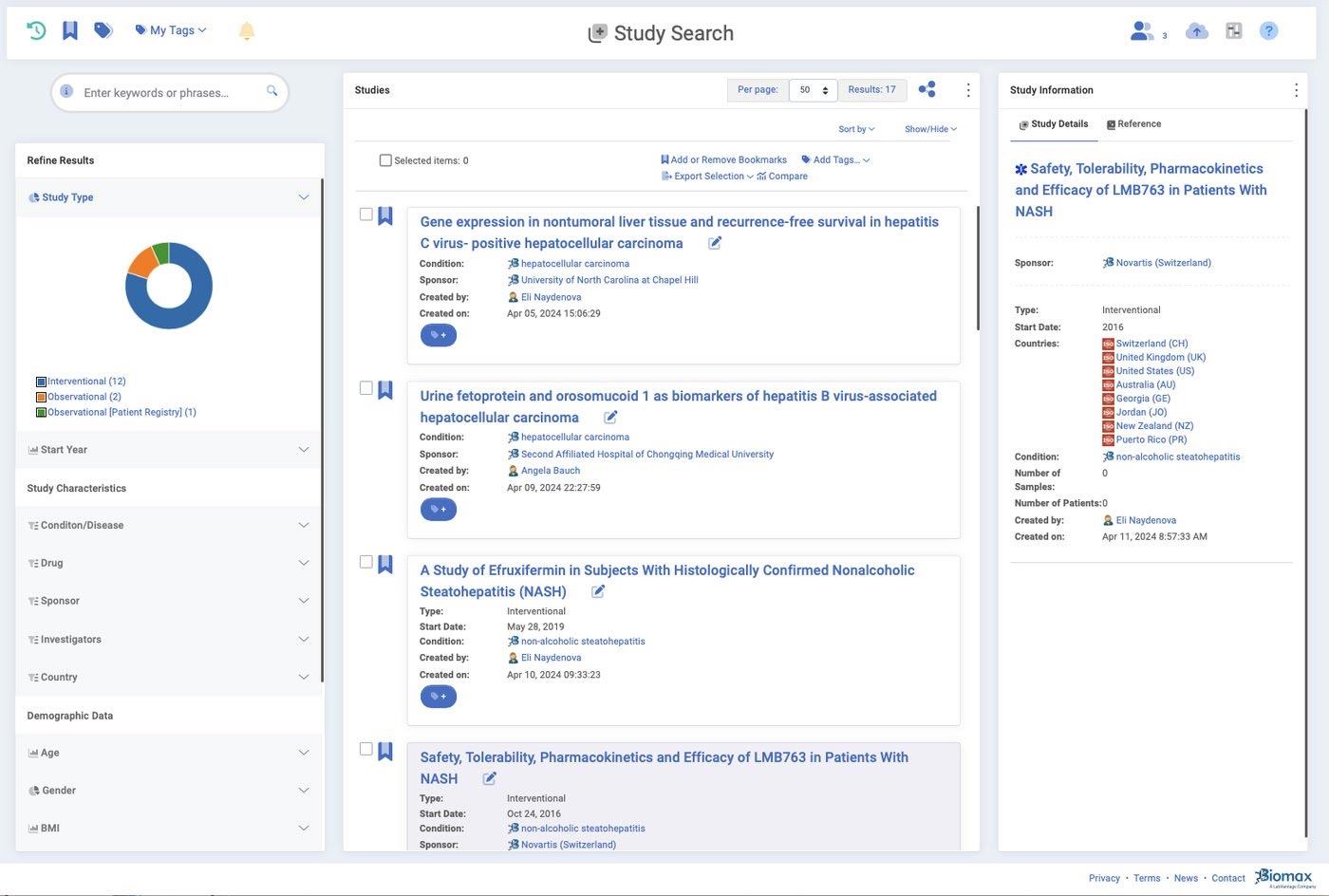 Study search screen listing clinical studies with filters