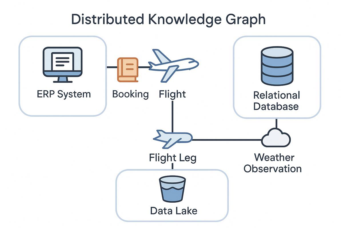 Distributed knowledge graph linking an ERP system, booking, flight, flight leg, weather observation, relational database and data lake