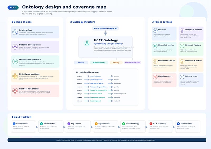 HCAT ontology design and coverage map: design choices, ontology structure, topics covered and build workflow