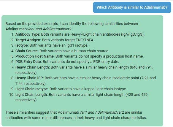 Agent answer comparing Adalimumab Var1 and Var2 across antibody type, target antigen, isotype, chain source and chain lengths